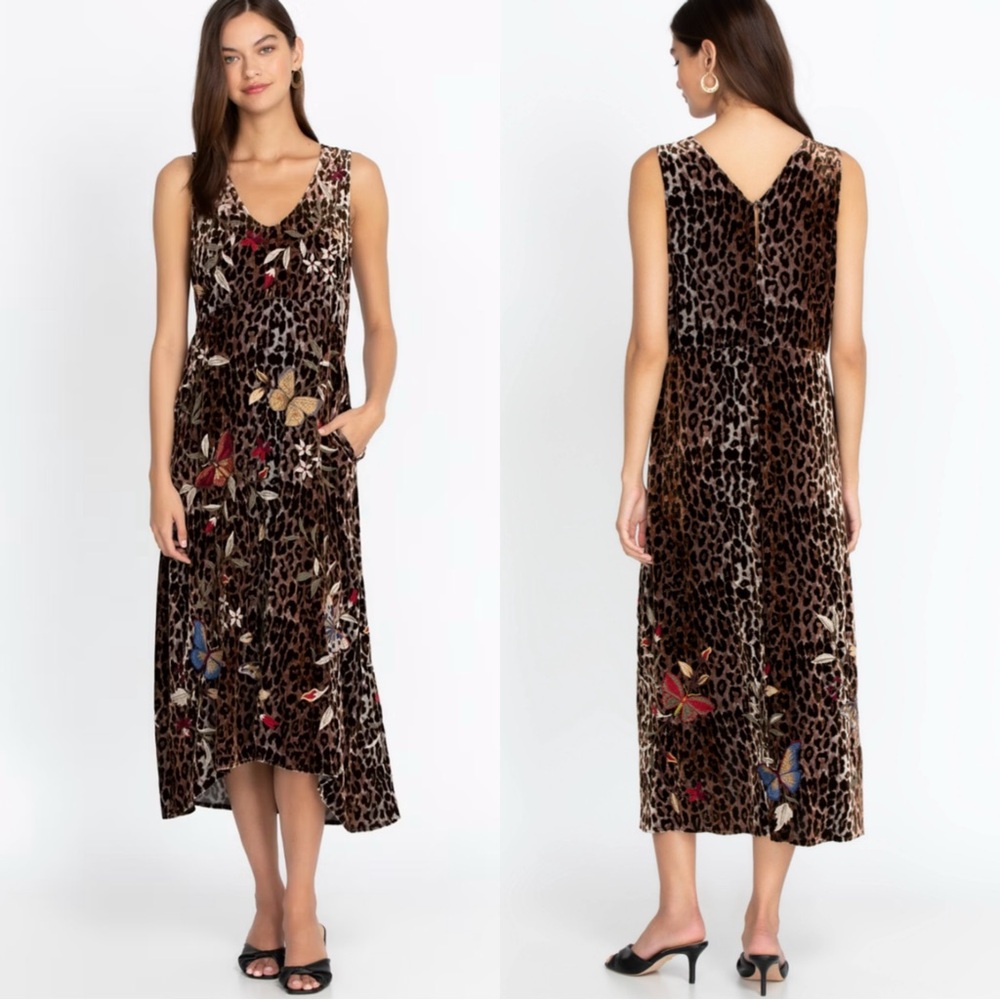 Johnny Was Brown Leopard Velvet Midi Dress with Floral & Butterfly Accents